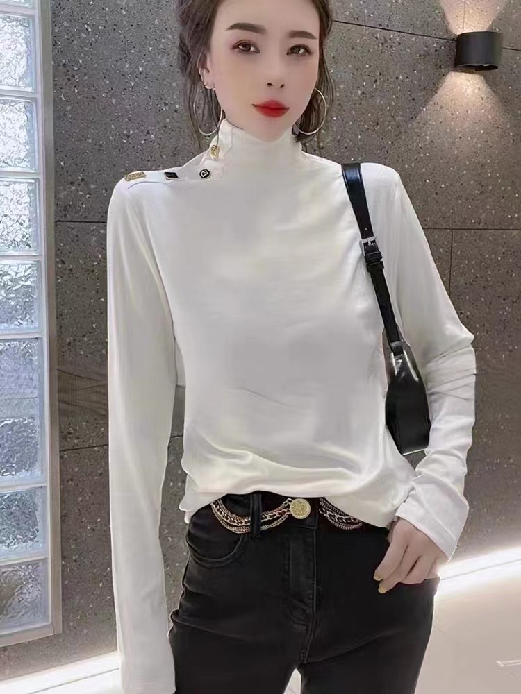 磨毛長袖t恤女2023秋冬新款加厚半高領打底衫女內搭洋氣上衣