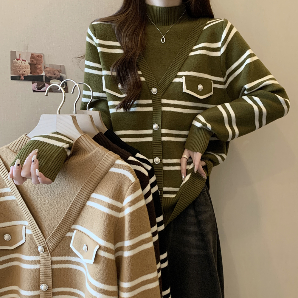 實拍大碼女裝2023冬季新款假兩件高領條紋寬鬆毛衣加厚保暖針織衫
