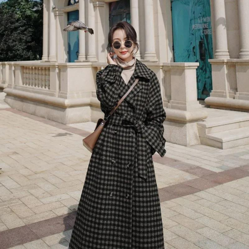 Plaid woolen coat women's mid-length  new winter Korean version loose waist thickened popular woolen coat