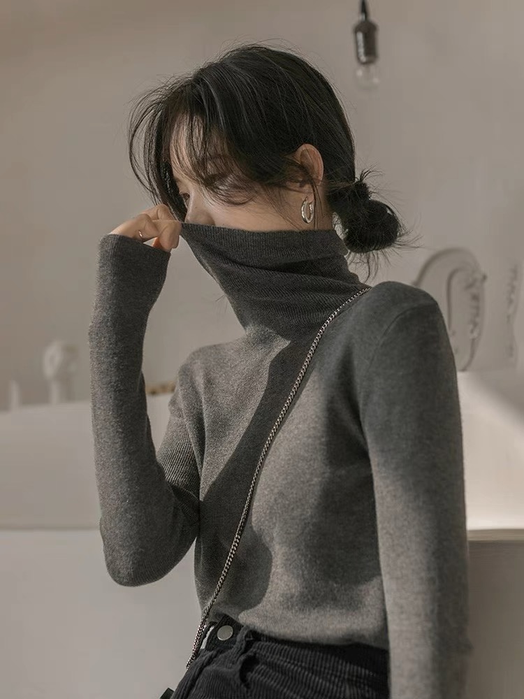 高領毛衣打底衫女秋冬季2023新款修身顯瘦灰色內搭針織衫軟糯上衣