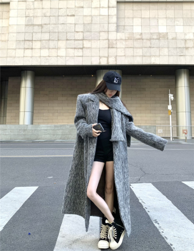 Modern urban gray woolen coat for women winter loose temperament long woolen coat