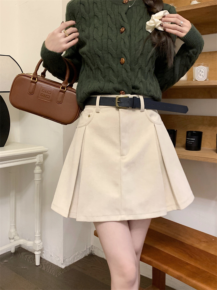 Actual shot ~Vintage Maillard corduroy skirt for women, high waist slimming A-line pleated skirt