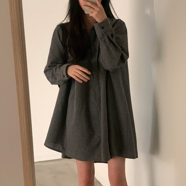 尺碼更新chic秋季復古翻領長袖襯衣裙女寬鬆減領休閒連衣裙