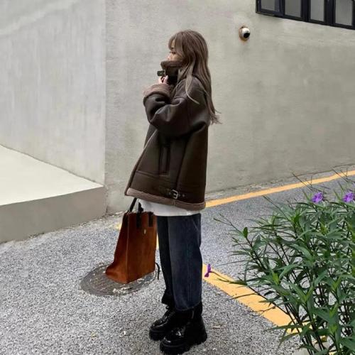 Fur all-in-one jacket for women winter new stand-up collar leather jacket ins plus velvet thickening Korean style loose casual motorcycle trend