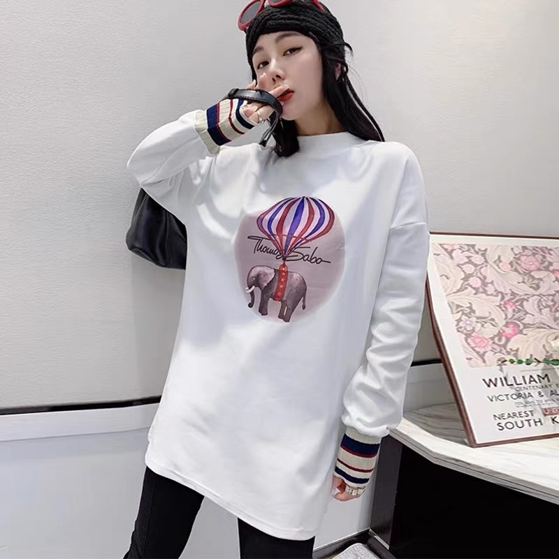 時尚印花半高領長袖T恤女2023秋冬寬鬆中長款加厚加絨打底衫上衣