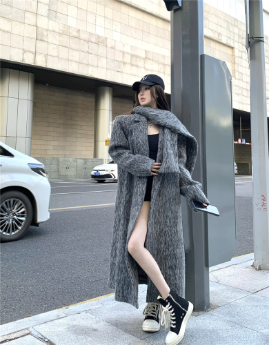 Modern urban gray woolen coat for women winter loose temperament long woolen coat