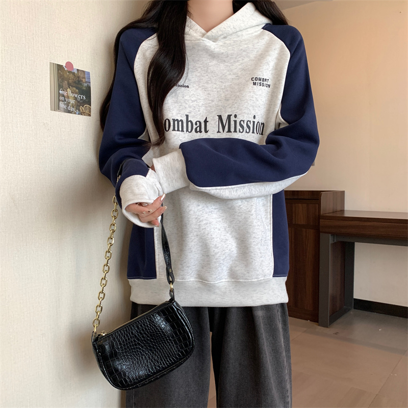 實拍 秋季韓版純棉複合寬鬆連帽拼色字母印花大碼薄款衛衣女