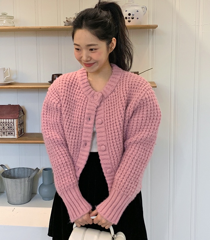 韓國INS東大門簡約休閒寬鬆百搭氣質圓領長袖厚實毛衣外套女