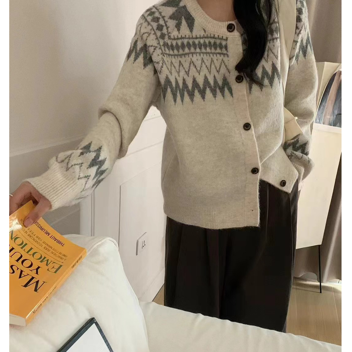 厚款秋冬新款復古聖誕風撞色花紋針織衫女毛衣