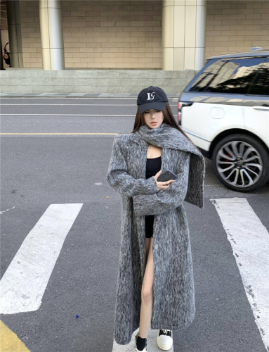 Modern urban gray woolen coat for women winter loose temperament long woolen coat