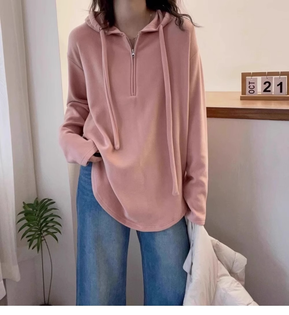 官圖 長袖T恤女2023秋冬新款歐貨簡約休閒拉鏈連帽百搭打底衫上衣