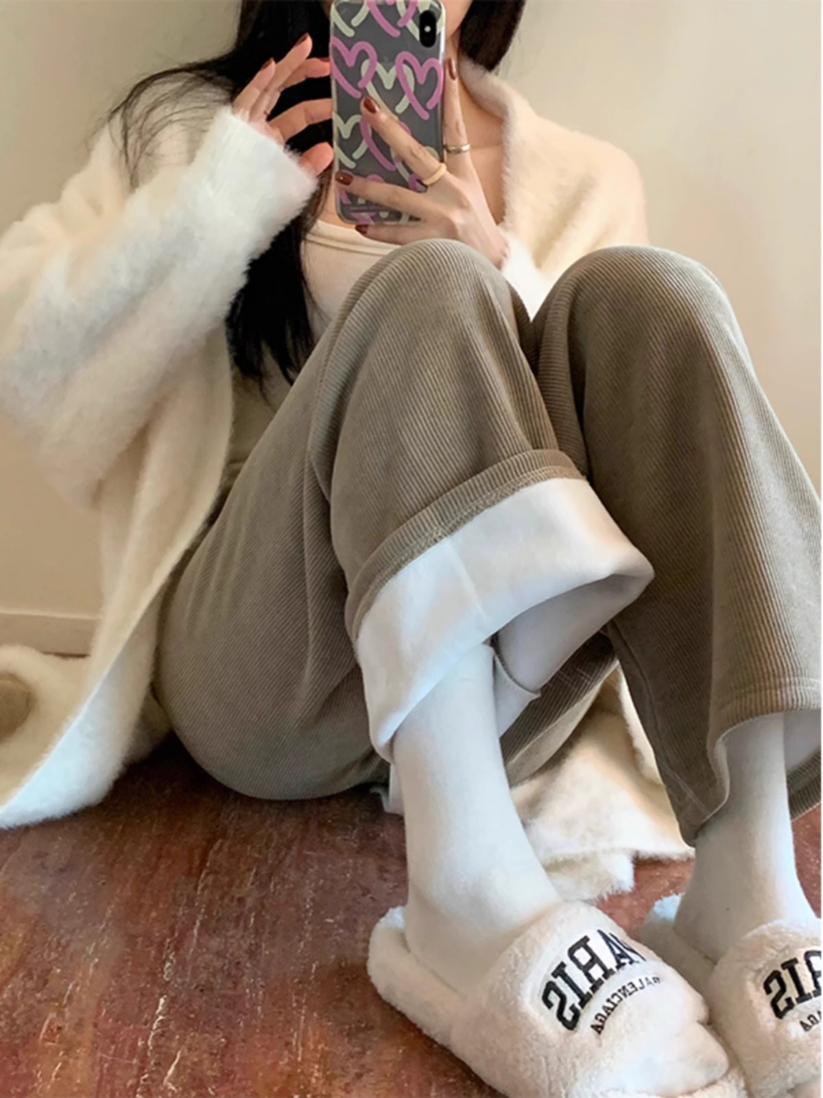 加絨休閒褲秋冬季新款加厚保暖闊腿褲子垂墜感抽繩直筒高腰長褲女