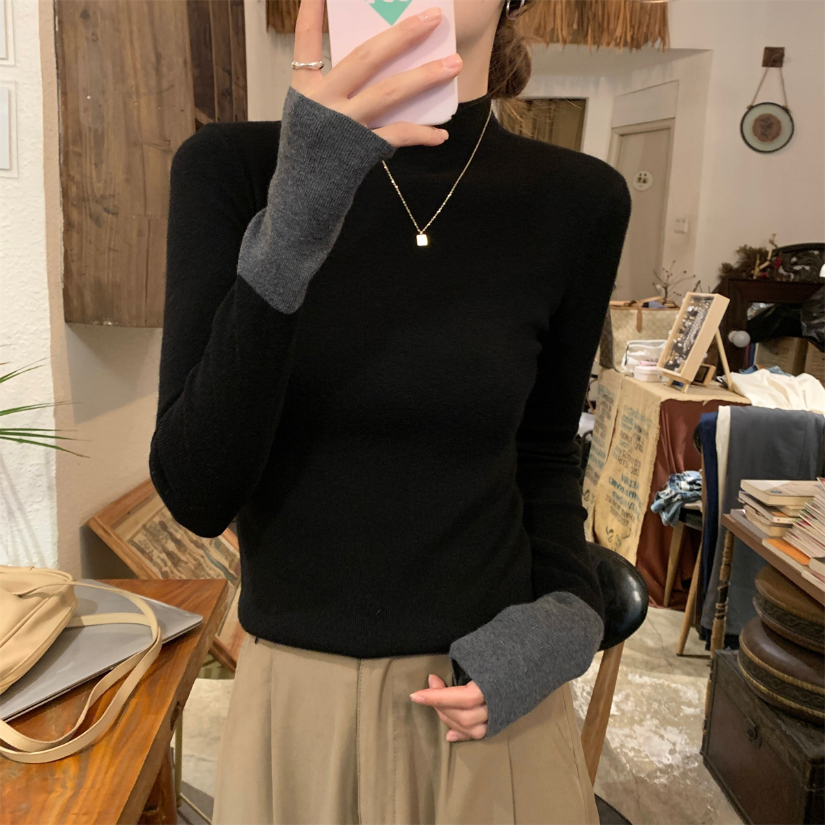 實拍 秋冬韓版半高領袖口美拉德撞色內搭修身針織打底衫毛衣