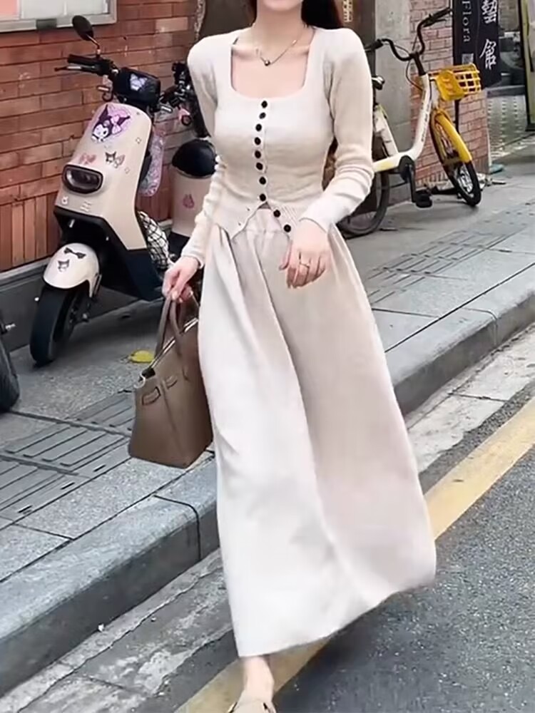 秋冬季2023新款韓版氣質顯瘦百搭開衫上衣+高腰半身裙兩件套裝女