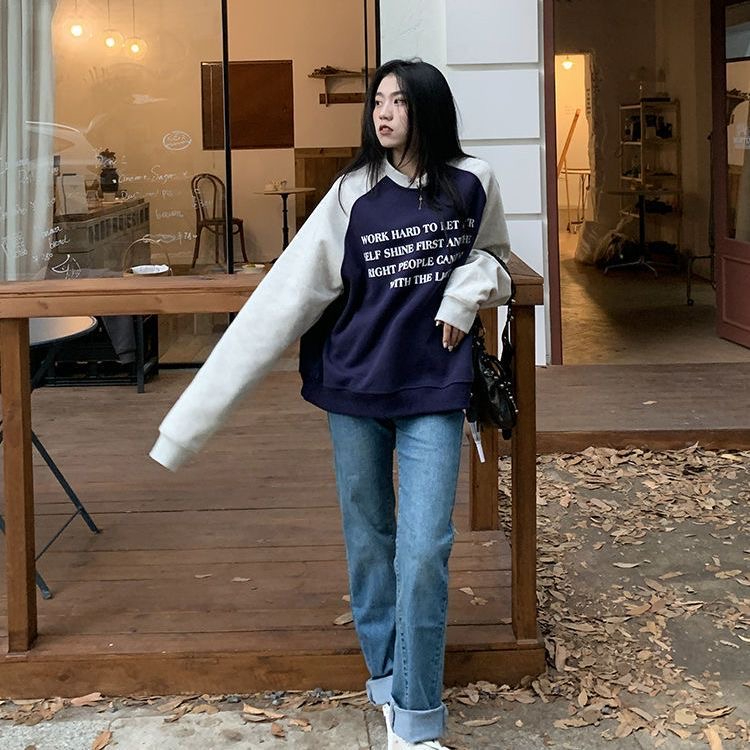 2023春秋季設計感寬鬆韓版印花字母擦肩袖衛衣女休閒上衣女