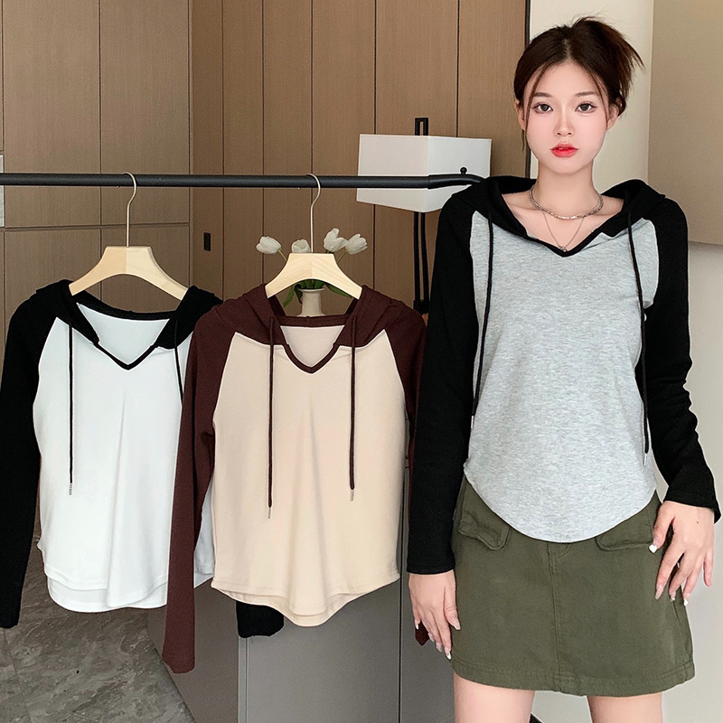 別致拼色連帽上衣早秋設計感小眾打底衫女修身顯瘦內搭長袖t恤潮
