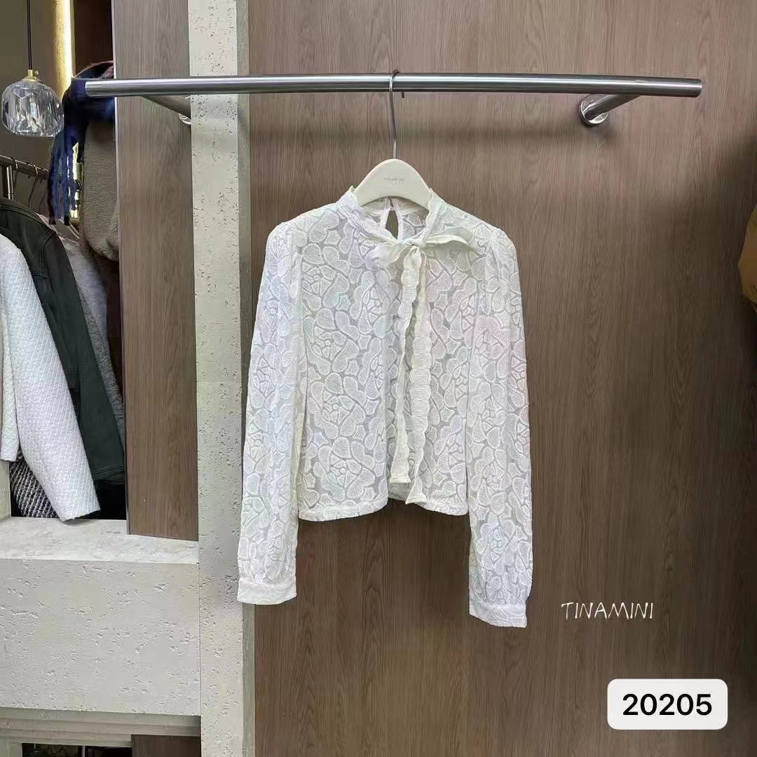 2023秋冬新款韓版半高領蝴蝶結系帶蕾絲長袖上衣女