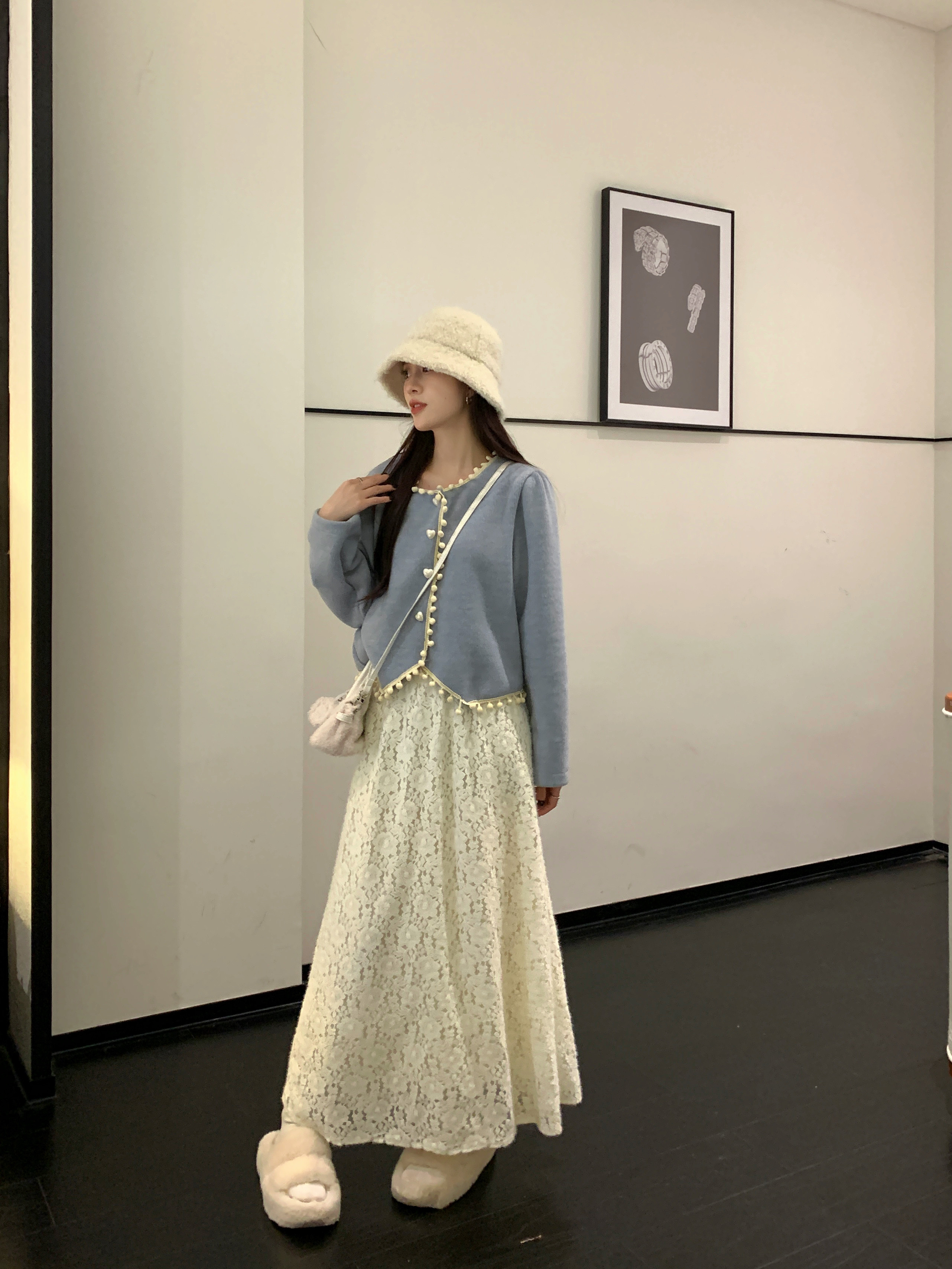 實拍套裝修身顯瘦短款愛心扣子開衫上衣百搭圓領長袖毛球小衫