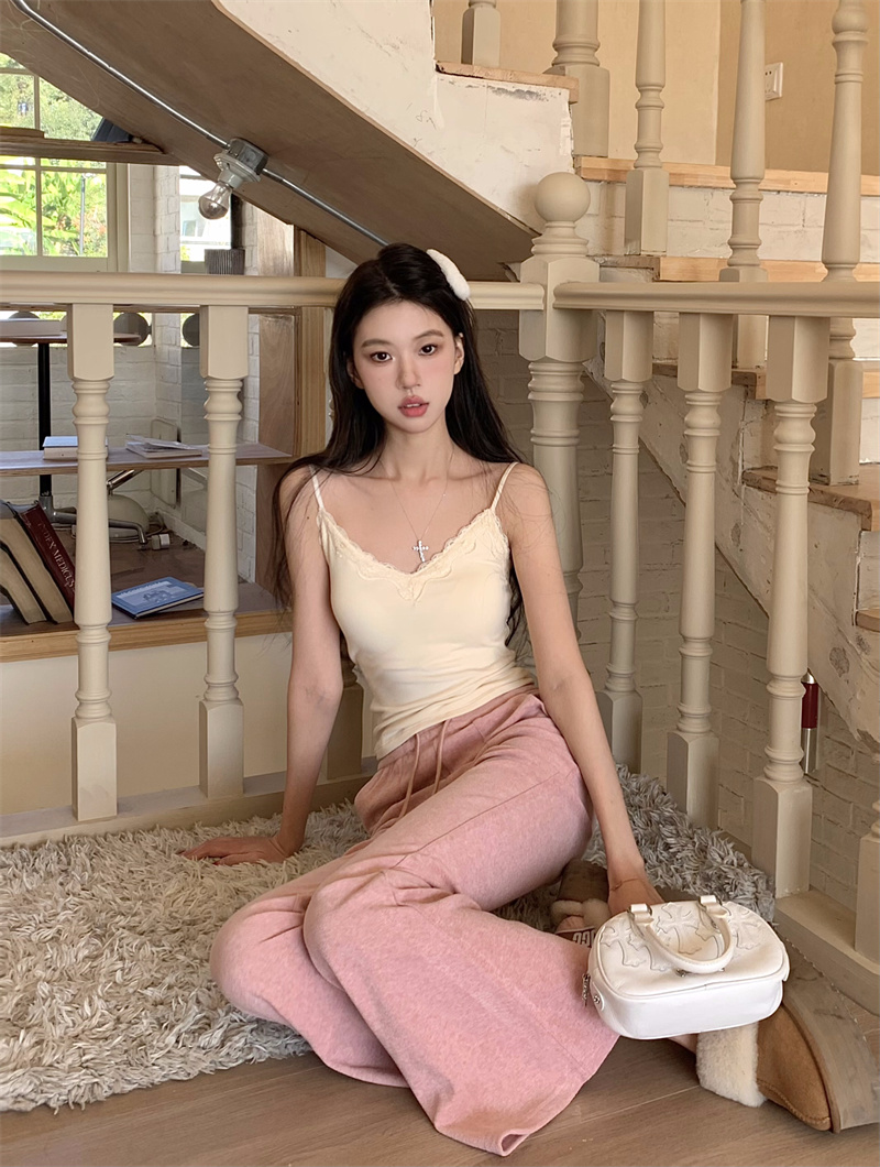 實拍  復古氣質性感辣妹顯瘦百搭蕾絲拼接吊帶背心磨毛款