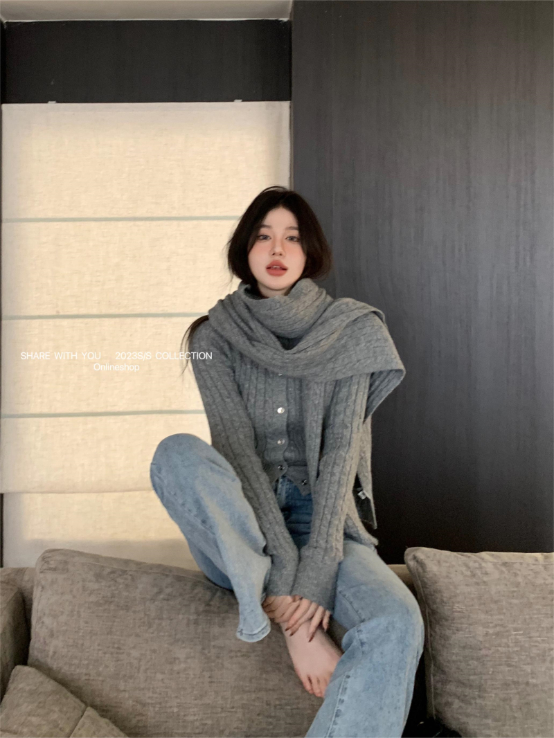 實拍 麻花圍巾 灰色修身短款厚毛衣開衫女秋冬長袖針織衫