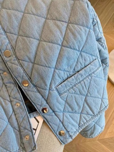 Blue diamond quilted round neck denim jacket for women new  autumn and winter short retro small man cotton coat