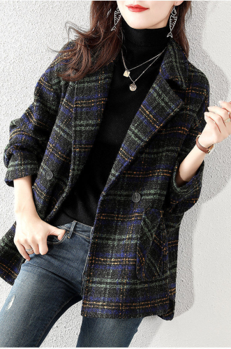 New plaid suit woolen coat 2023 autumn and winter women's Korean version loose retro plaid woolen coat mid-length