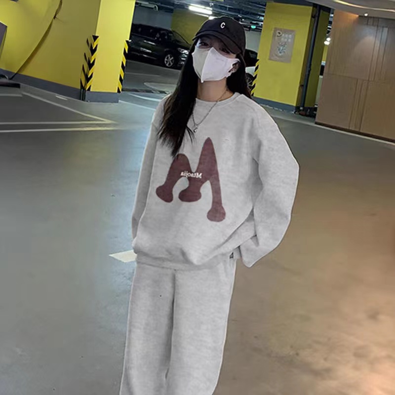 大碼寬鬆休閒時尚套裝女學生春秋季新款中長款通勤穿搭衛衣兩件套