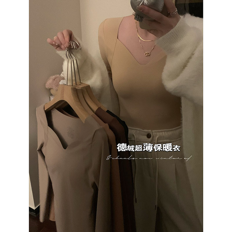 實拍 秋冬新款德絨無痕v領帶胸墊正肩T恤保暖內搭打底衫上衣