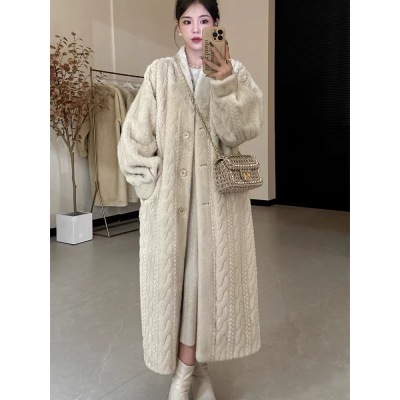  Lazy Style Embossed Embossed Long Eco-Friendly Wool Jacket Women's Loose Retro Thickened Internet Celebrity Long Top