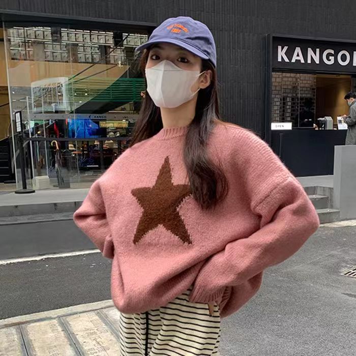 馨幫幫 上衣外穿寬鬆圓領灰色軟糯慵懶風套頭星星針織毛衣女秋冬