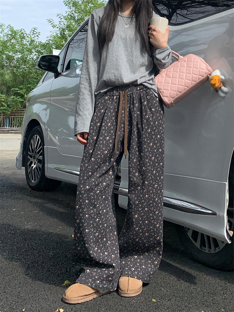 實拍  磨毛碎花休閒褲秋冬小個子鬆緊腰闊腿直筒褲女