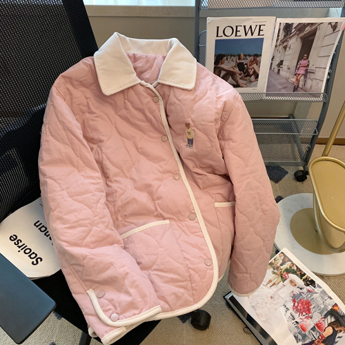 Pink bear embroidery stitching lapel padded jacket for women autumn and winter new style gentle and sweet warm corduroy cotton jacket