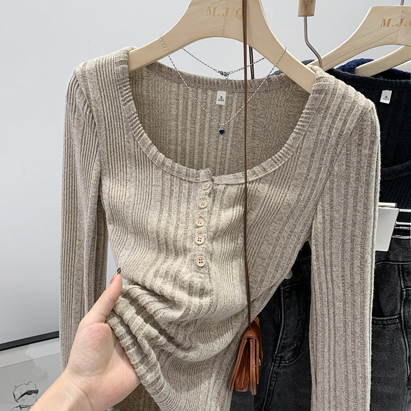 實拍圖美式復古修身顯瘦短款U領開衫女裝內搭上衣ins