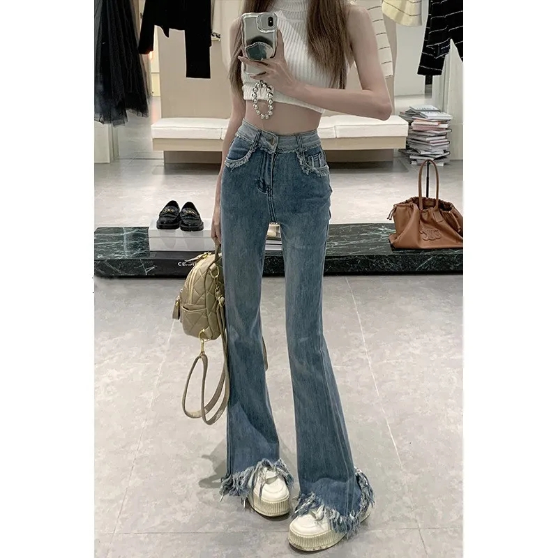藍色流蘇微喇牛仔褲女春季新款高腰大碼胖mm修身彈力顯瘦闊腿褲子
