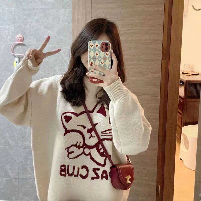 毛衣女冬季外穿韓系秋冬小個子慵懶風卡通貓提花套頭ins針織衫潮