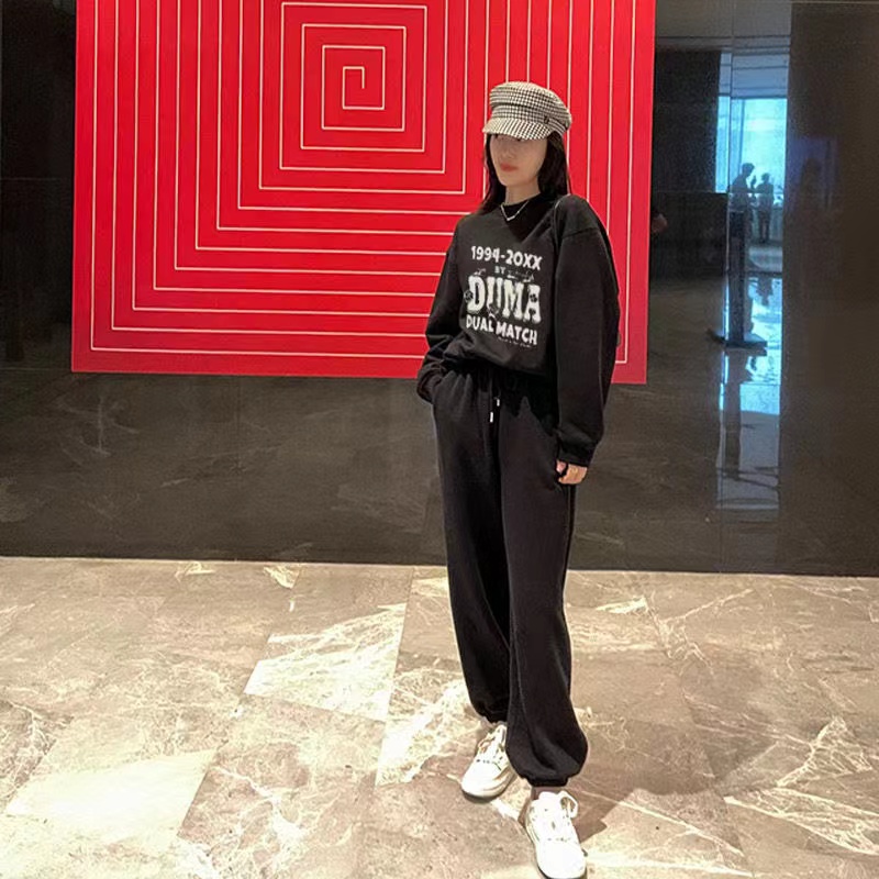 韓系外穿休閒時尚運動套裝女2023年秋冬季新款加絨加厚圓領兩件套