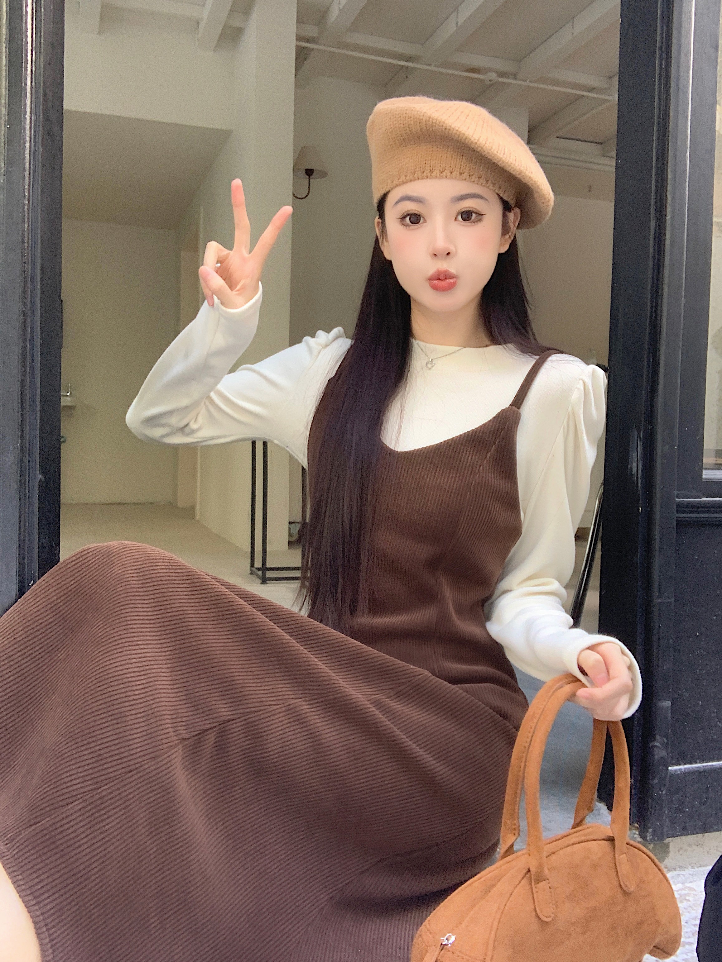 新款韓版時尚泡泡袖T恤打底衫吊帶連衣裙兩件套女   實拍