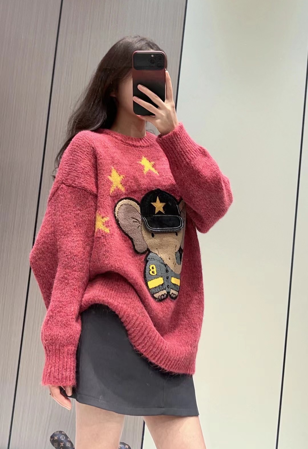 歐貨小象刺繡寬鬆套頭毛衣女上衣2023秋冬厚款百搭圓領顯瘦針織衫