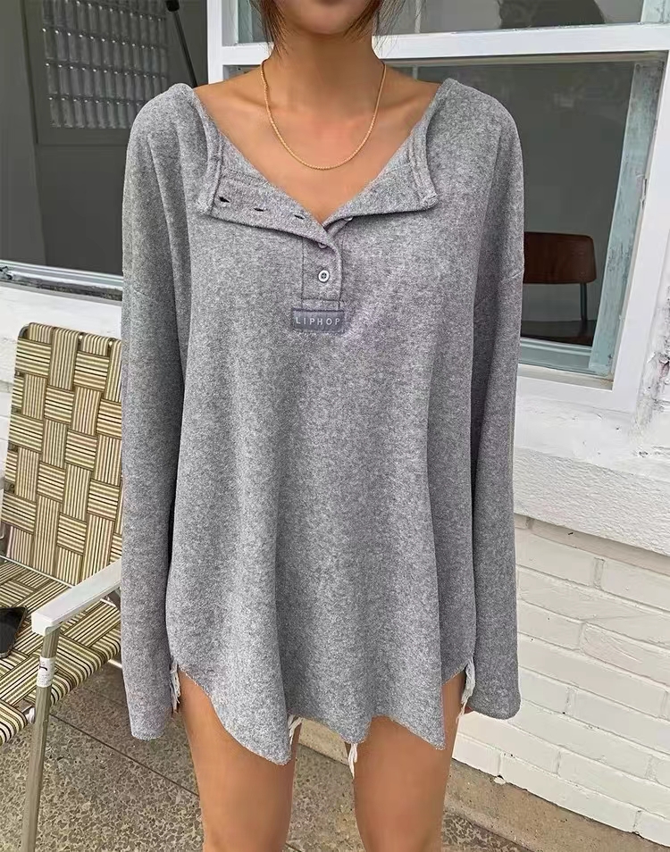 Korea 23 autumn and winter lazy style loose shoulder casual half-buttoned long-sleeved T-shirt