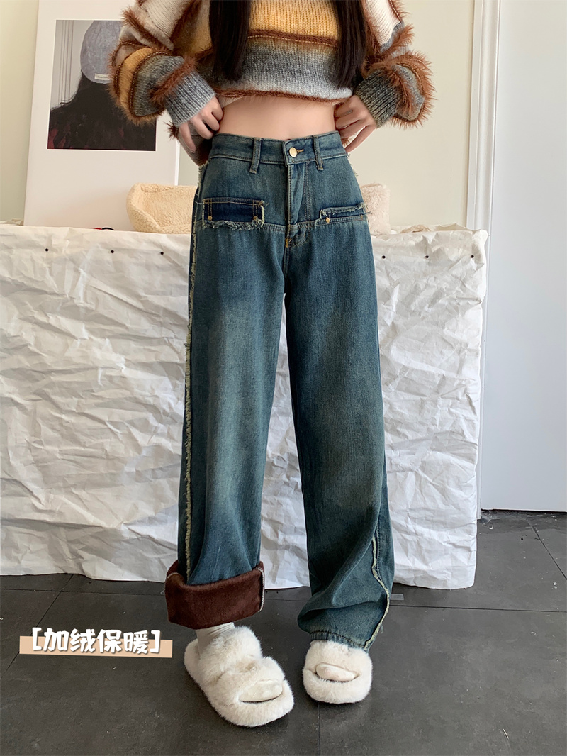 實拍秋冬復古毛邊加絨加厚寬鬆闊腿直筒牛仔拖地長褲女