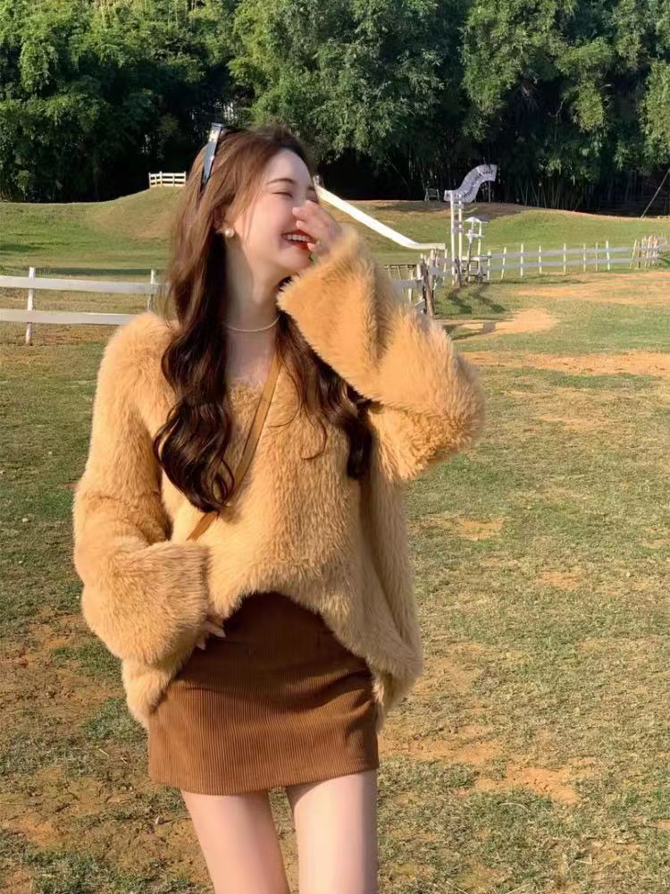 高級感超好看水貂毛v領毛衣女秋冬慵懶風寬鬆軟糯洋氣奶fufu上衣