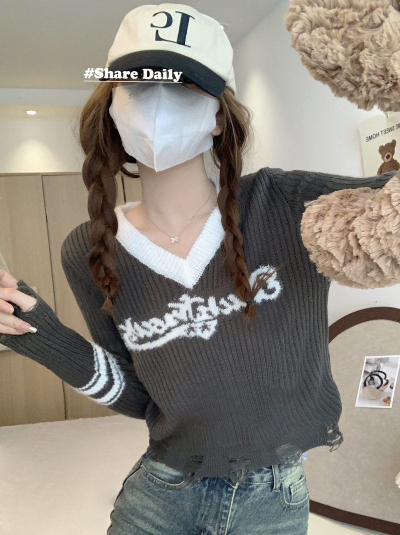實拍 美式復古學院風軟糯流蘇上衣秋冬短款V領針織衫女衫打底