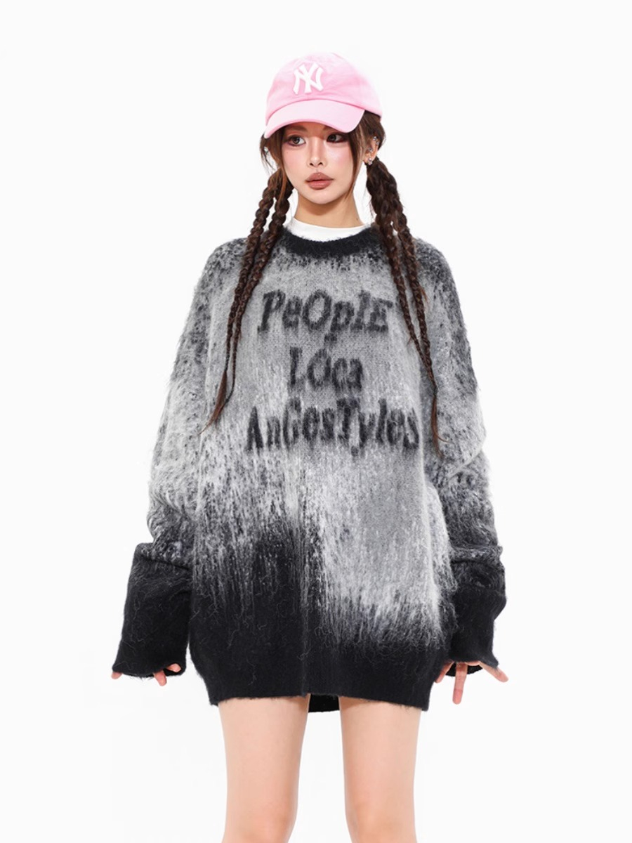 美式復古漸變高級感馬海毛毛衣女秋冬潮牌嘻哈情侶慵懶針織衫上衣