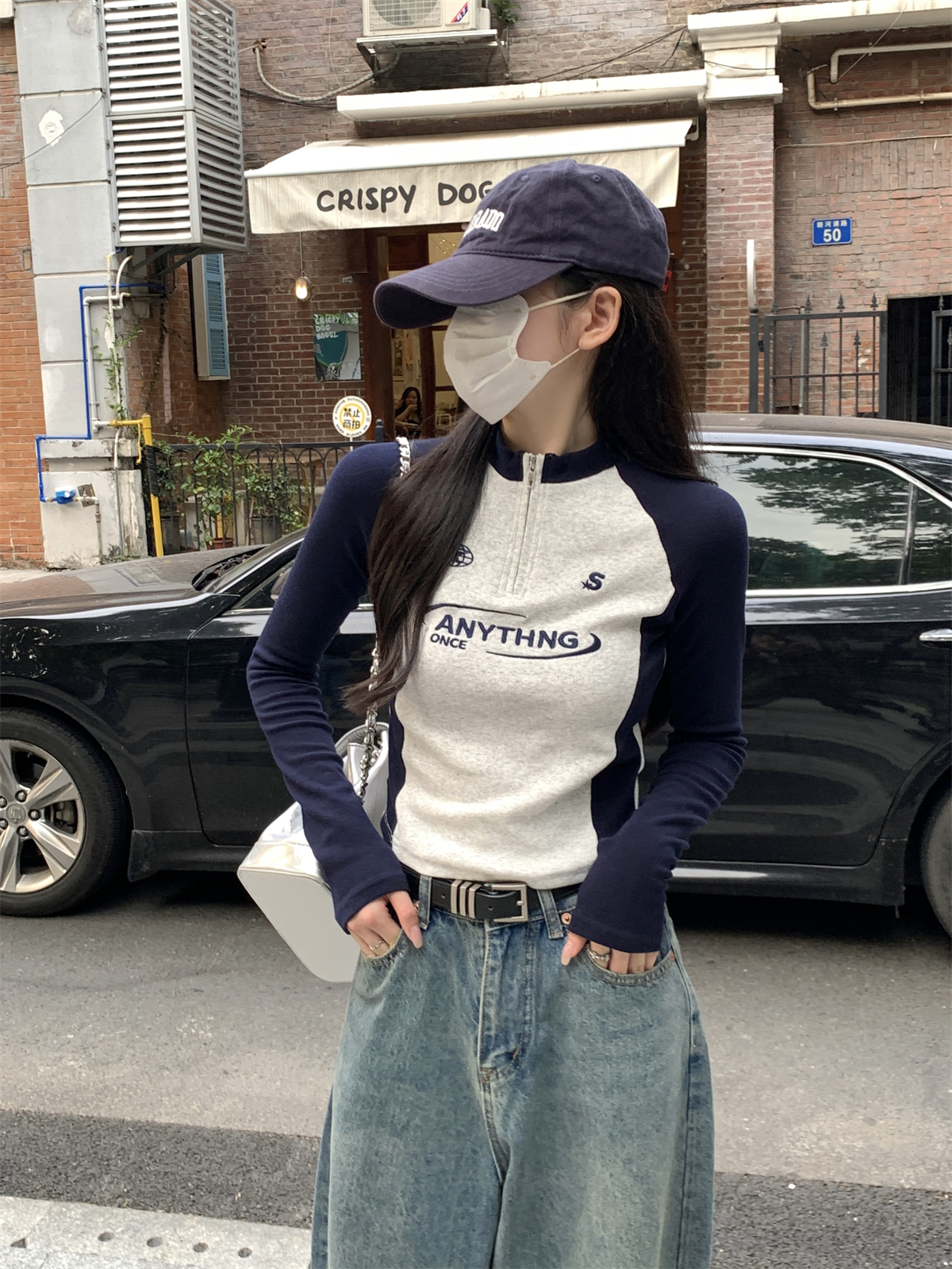 實拍 秋冬韓版拉鏈半高領插肩撞色刺繡純棉長袖T恤內搭女上衣