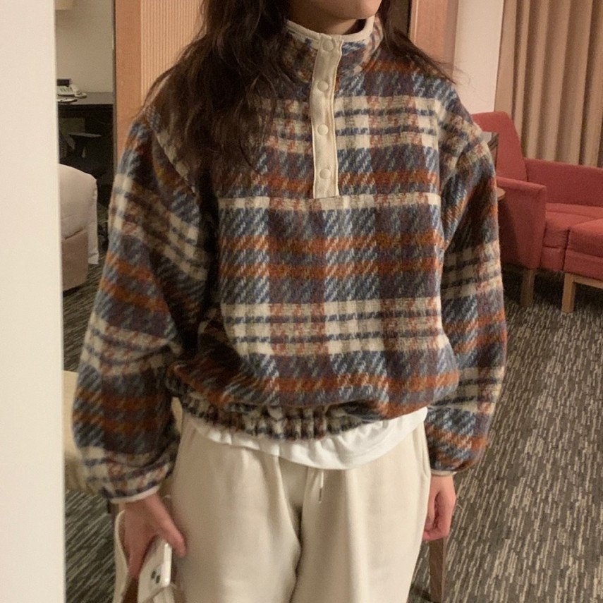 韓版復古立領格紋毛呢衛衣女
