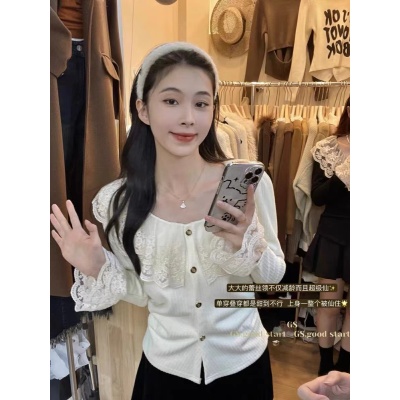 GF秋冬新款韓系甜心慵懶風蕾絲領針織開衫女百搭減齡上衣