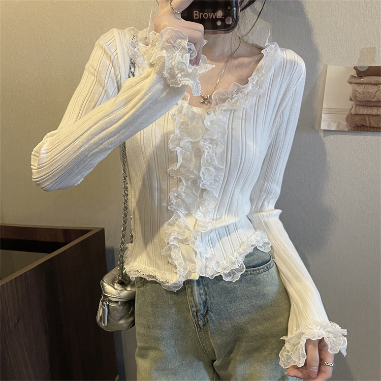 實拍法式絕美蕾絲木耳邊針織衫秋辣妹修身毛衣打底衫上衣