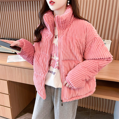 First real shot of the new corduroy down cotton coat for women, Korean version, stand collar, loose, Internet celebrity, thickened, warm cotton coat for women