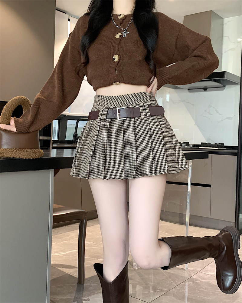 實拍~復古學院風時尚高腰顯瘦半身裙百褶裙防走光短裙配腰帶