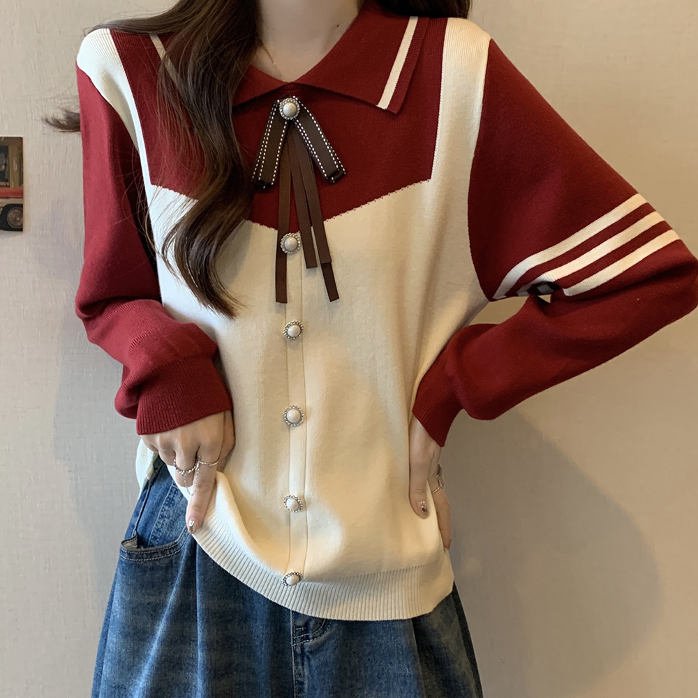 實拍大碼女裝秋冬新年紅本命年撞色拼接設計感小香風毛衣針織衫